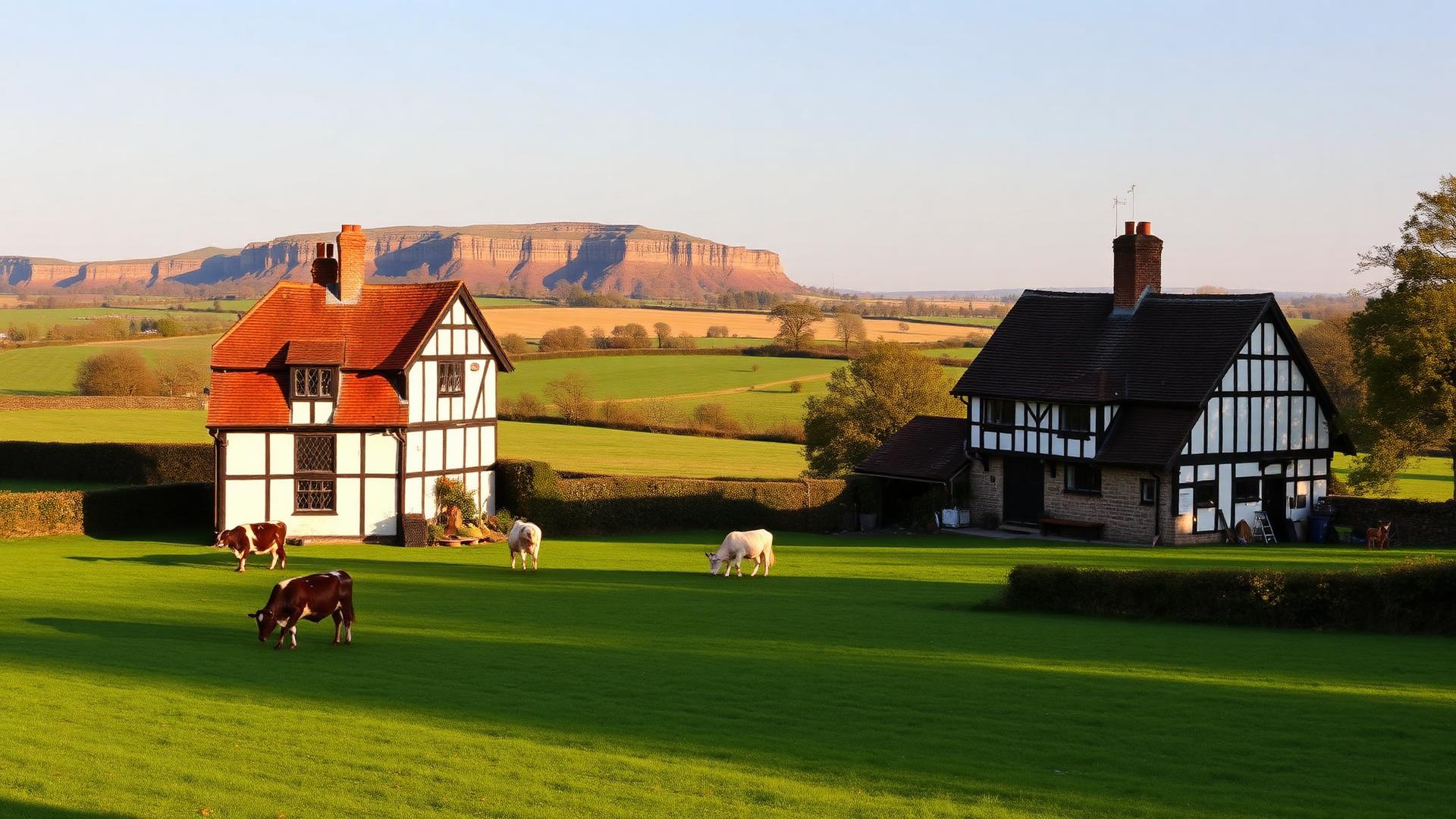 Cheshire farmland with black-and-white Tudor half-timbered farmhouse and grazing dairy cows