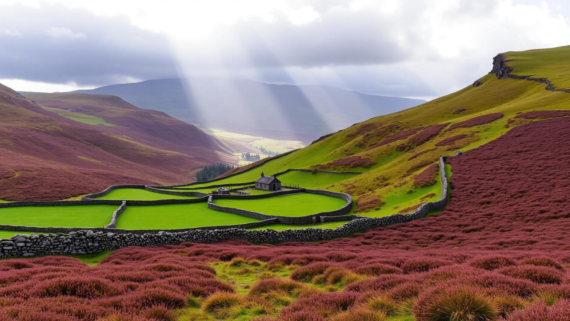 Derbyshire Peak District dale with drystone walls, heather moorland and sunbeams through cloud