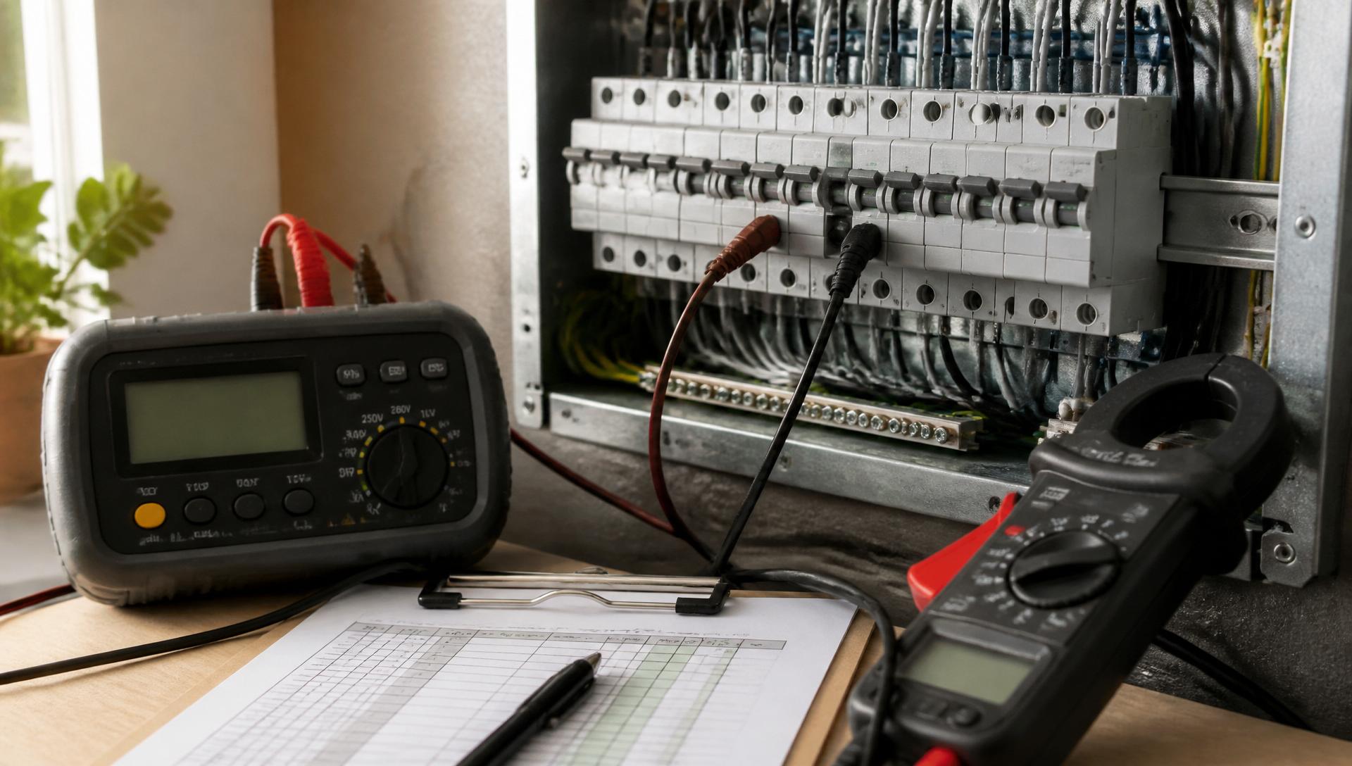 Multimeter and clamp meter under test on a UK metal-clad consumer unit during an EICR