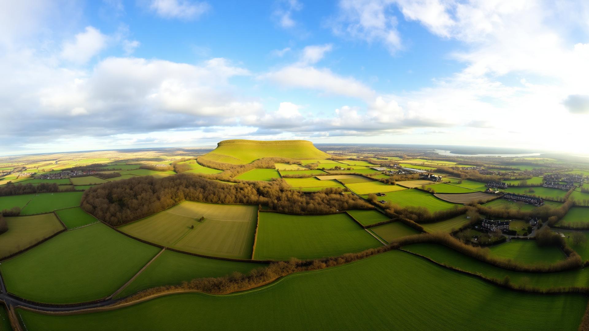 The Wrekin rising above the patchwork fields of the Shropshire plain