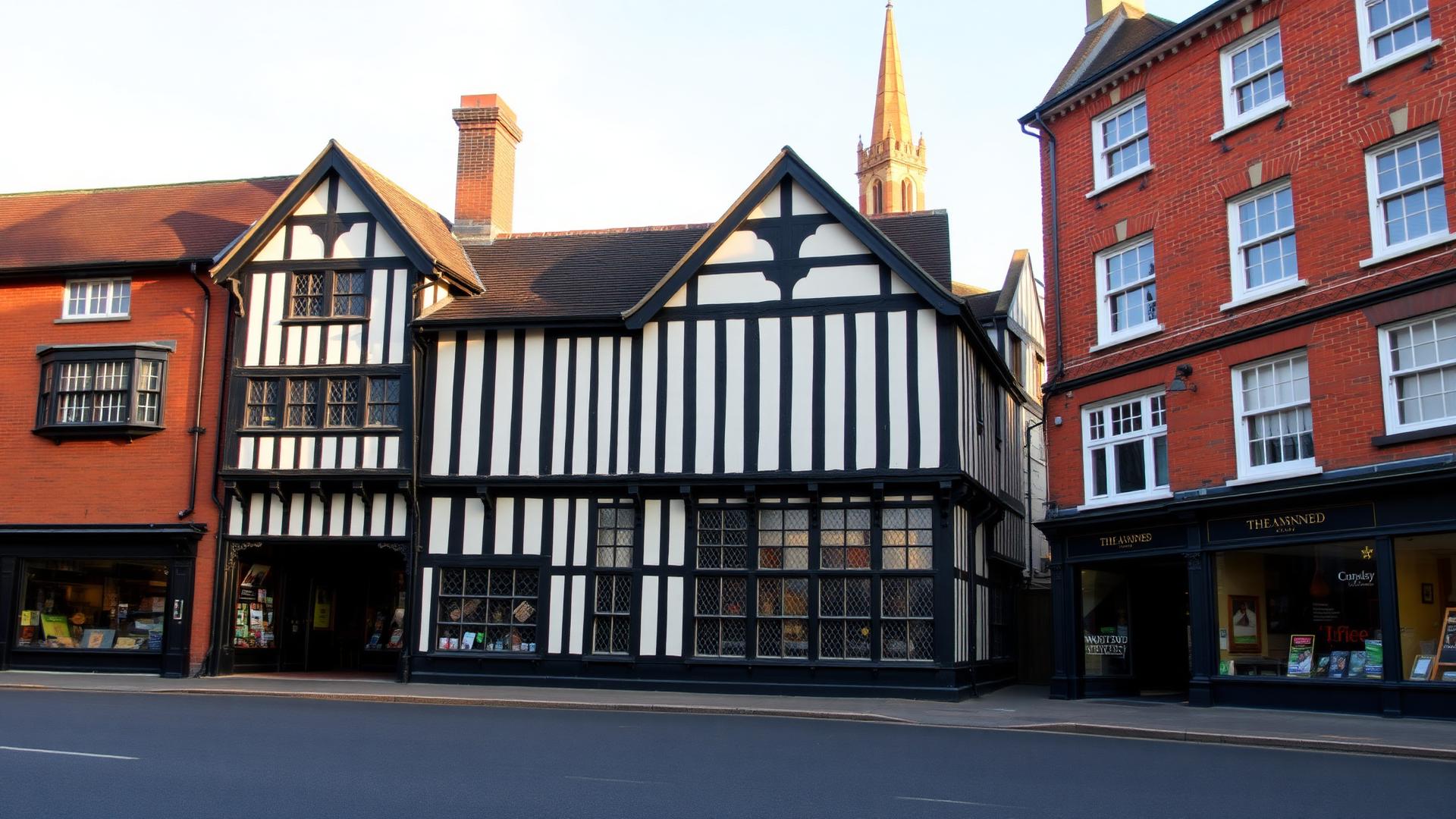 Stafford Ancient High House timber-framed building with St Mary's church spire in the historic town centre