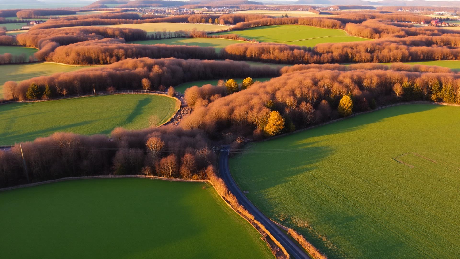 Rolling Staffordshire countryside — fields, hedgerows and Cannock Chase in golden autumn light
