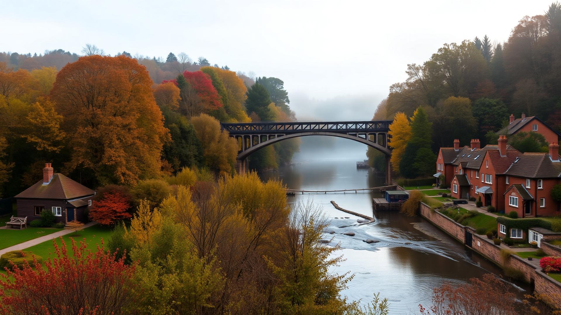 The Iron Bridge spanning the wooded Ironbridge Gorge over the River Severn in autumn