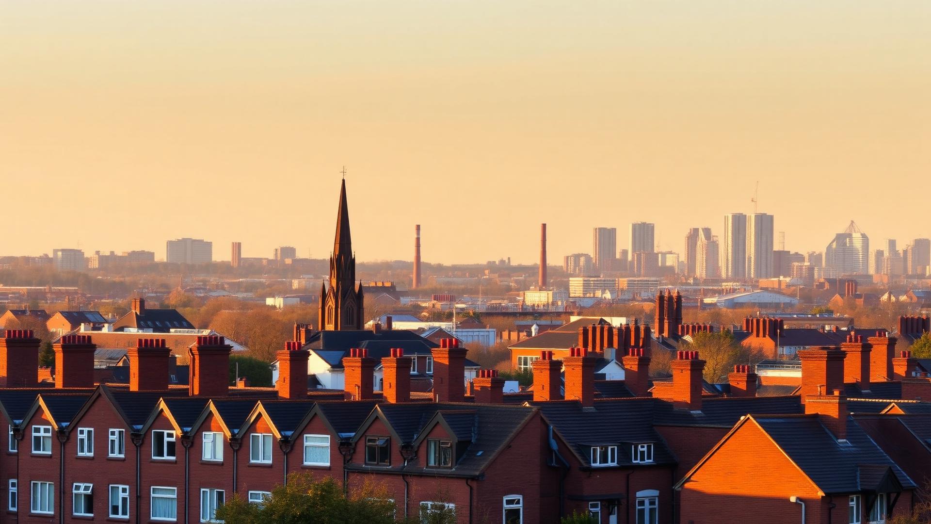West Midlands skyline — red-brick terraces, church spire and city high-rises at golden hour